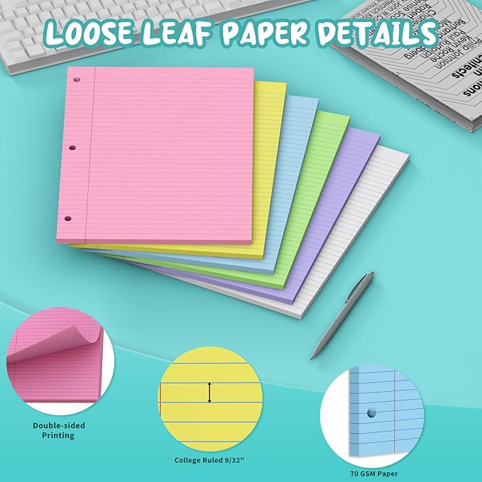 120 Sheets Loose Leaf Paper 8 x 10.5, 6 Colors Lined Paper College Ruled, 3-Hole Punched Notebook Paper 8 x 10.5, 3-Ring Binder Paper 20 Sheets/Pack, Colored Filler Paper for Office, School, Home