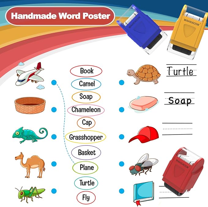 Handwriting Lines Stamp Roller Self-Inking Line Rolling Stamps Handwriting Practice Tool for Teachers Kids Kindergarten (Red+Yellow)