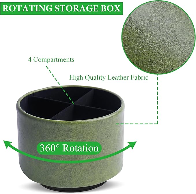 Round Leather Art Supply Organizer,Remote Control Holder,360 Degree Spinning,Multi-Functional Pencil Holder,4 Compartments Desktop Stationary Organizer(1-Oil Bamboo)