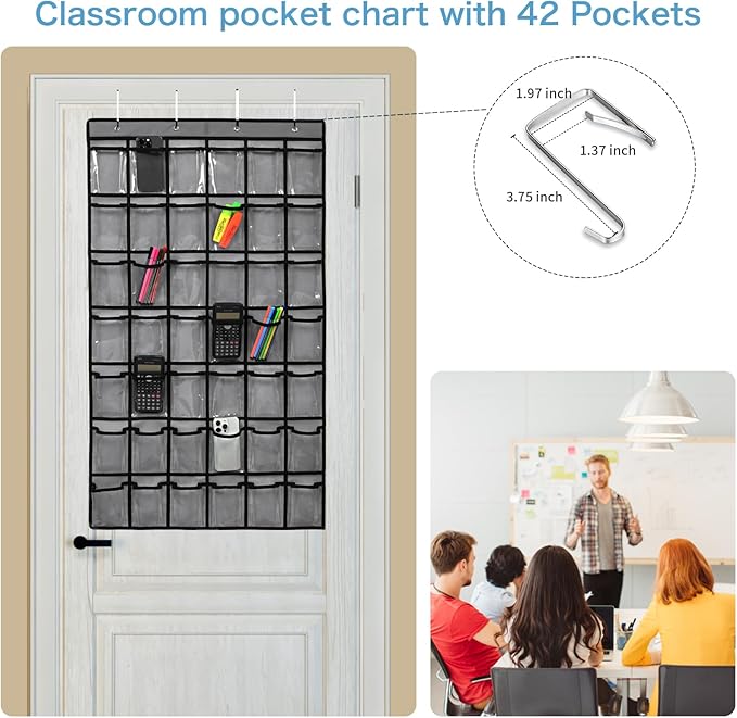 SAVERHO 42 Pocket Classroom Pocket Chart for Cell Phones and Calculator,Clear Cellphone Pocket Chart for Classroom with Number Sticker and hooks (Grey-42 Pockets)