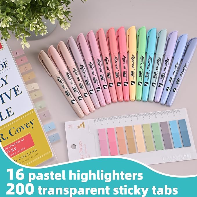 Cgerma Pastel Highlighters Assorted Colors 16 Pack, 200 transparent sticky tabs, Chisel Tip Cute Aesthetic Highlighters Quick-Drying for Journaling, School Office Supplies