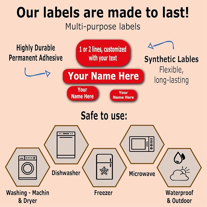 126 Personalized Waterproof Name Labels. Press and Stick Multi use Custom Name Labels. Highly Durable Customized Name Stickers with Permanent Self Adhesive. Great for School, Daycare or Camp.