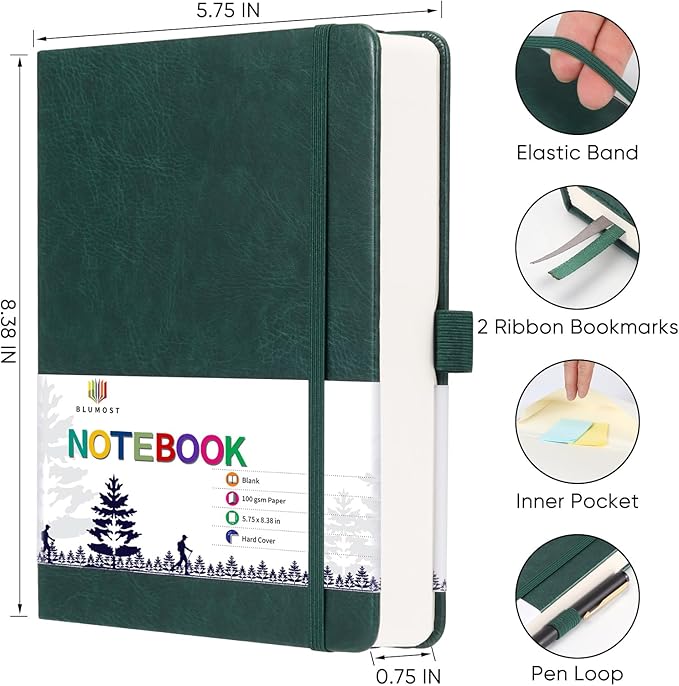 Blank Paper Notebook - 280 Pages A5 Blank Journal Notebook with 100gsm Thick Blank Paper, Hardcover, PU Leather, 5.75'' × 8.38''-Dark Green