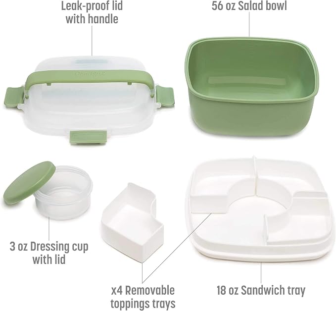 Goodful Stackable Lunch Box Container, Bento Style Food Storage with Removeable Compartments for Sandwich, Snacks, Toppings & Dressing, Leak-Proof and Made without BPA, 56-Ounce, Sage (Pack of 12)