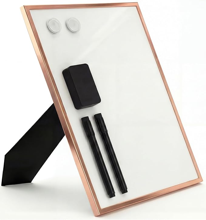 Magnetic Dry Erase Board 12x16 with Foldable Stand, Portable Rose Gold Desktop Whiteboard for Home, Office, School & Kitchen
