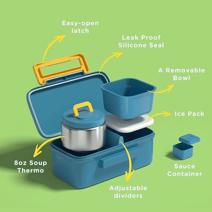 Bento Lunch Box for Kids With 8oz Food Thermo,BPA-Free for School | Lunch Container with 2 Compartments, Insulated Food Jar, Dishwasher Safe, Easy to Clean, Lunch Box for Girls Boys