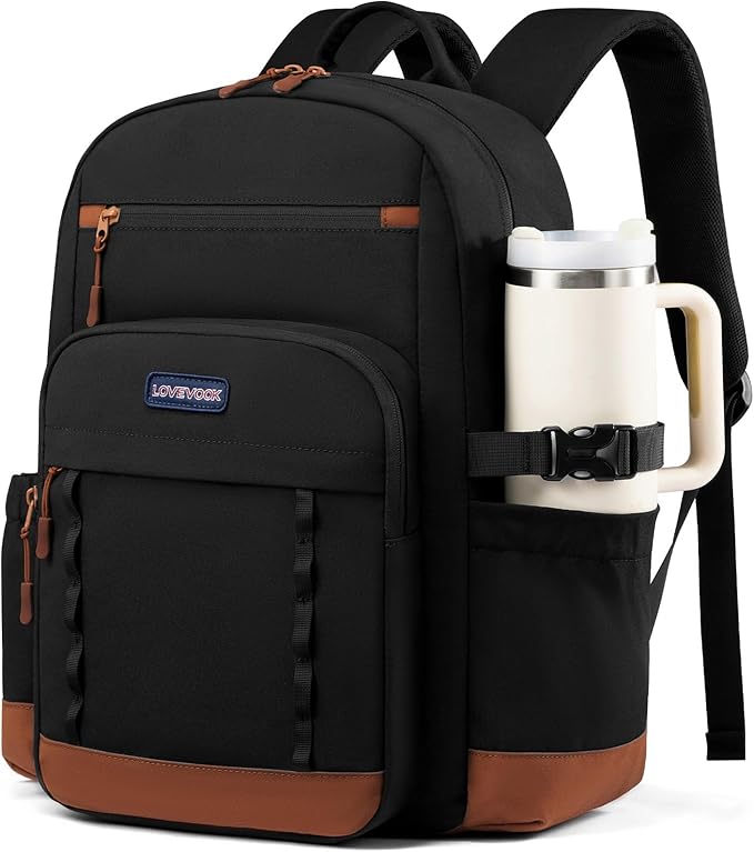 LOVEVOOK Laptop Backpack for Women with Large Cup Holder,15.6 Inch DIY Design Travel Work Backpack Computer Laptop Bag,Waterproof Nurse Teacher College Backpack Purse,Gifts for Women Men,Brown-Black