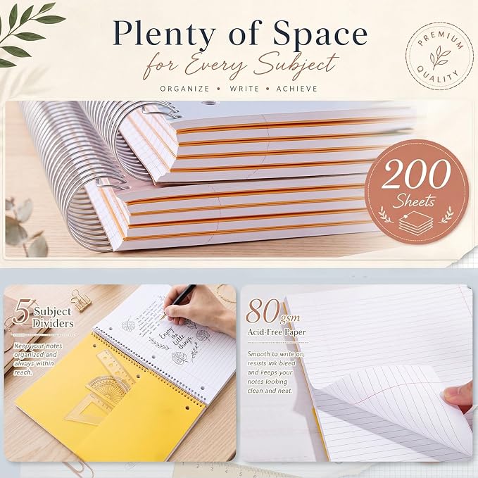 Qilery 6 Pack 5 Subject Notebook College Ruled with Hardcover 200 Sheets Thick Pages 8 x 10.5 Inch Spiral Journal Thick Notebook 3 Hole Assorted Colors Easy Tear Line Office(Taro Color)