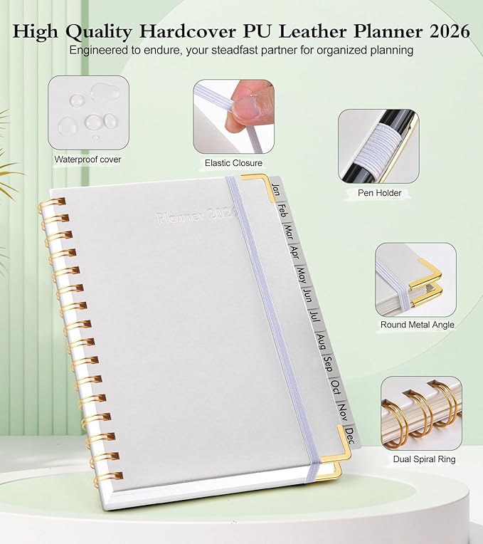 2026 Planner, Hardcover Leather Weekly and Monthly Planner, January 2026 - December 2026, Spiral Yearly Agenda Organizer Book 2026 with Tabs, Daily Calendar Planners for School Work Home, A5 (5.75" x 8.38"), White