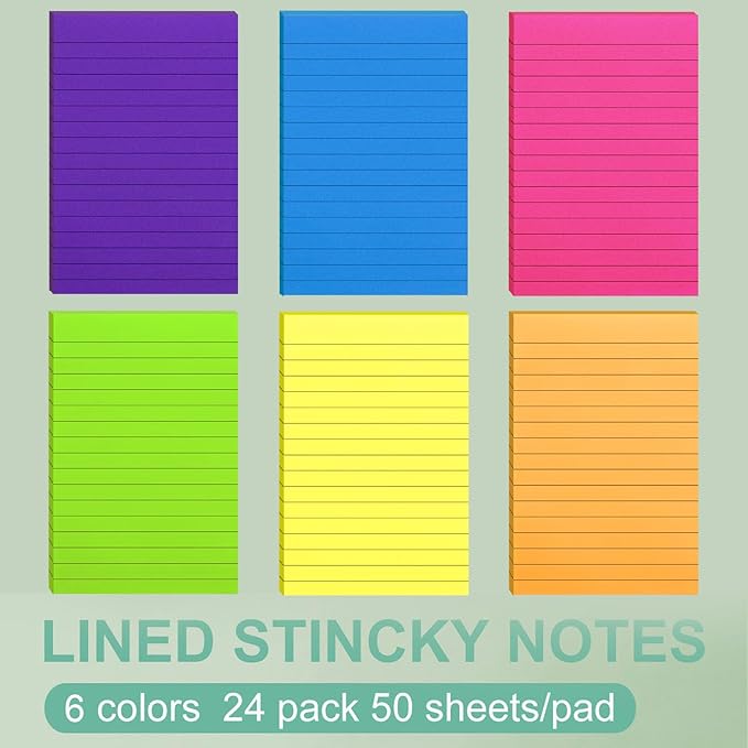 24 Pack Lined Sticky Notes 4X6 in, Self Sticky Note Pads with Lines, Large Sticky Note Memo Pad for Office, Home, School, Meeting, 50 Sheets/pad, Bright Color