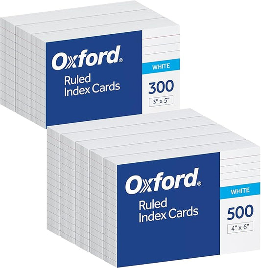 Oxford Ruled Index Cards 4"x6" (5 Packs of 100) & 3"x5" Cards (1 Pack of 300) - White, Lined on One Side, Blank on the Other - Ideal for Study Flashcards, Note Cards, Recipes, To-Do Lists & More