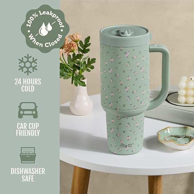 Ello Oasis 40oz Tumbler with Handle & Retracting Straw | Reusable Insulated Stainless Steel Cup 100% Leakproof | Gifts for Teens Women Men | Keeps Cold for 24 Hours | Cup Holder Friendly | Full Bloom