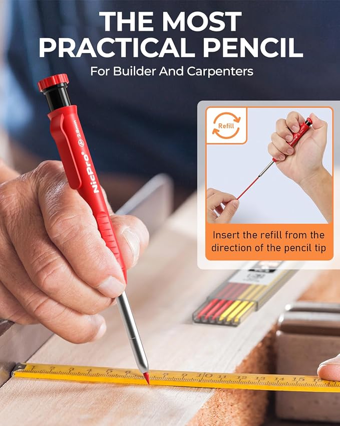 Nicpro Carpenter Pencil with Sharpener, 12Pcs Construction Pencil+52 Refill | Deep Hole Marker for Construction, Heavy Duty Woodworking Pencil for Architect Marking (Red, Black, Yellow, Blue, Orange)