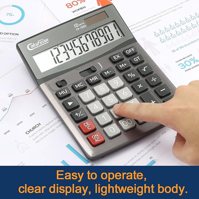 Desktop Calculator 12 Digit with Large LCD Display Big Buttons Basic Standard Function Solar Calculator with Battery Desk Calculators for Office School Home CF-1523
