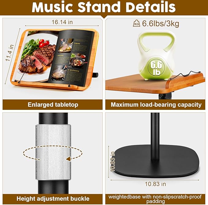 2 in 1 Dual-use Music Stand & Desktop Book Stand, Adjustable Height 16.5"-51", 100% Solid Wood Laptop Floor Stand Book Holder with Page Clips for Cookbooks, Sheet Music (Brown)