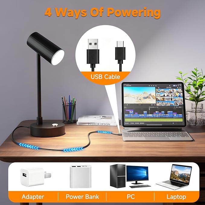 ShineTech LED Desk Lamp for Home Office, Dimmable Table Lamp with 3 Color Modes & Adjustable Brightness, USB-C Port, Touch Control, Eye-Caring Reading Lamp for Bedside, Study, Work
