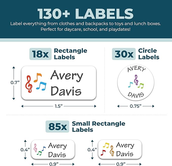 Bunny Badges Personalized Daycare Name Labels for Kids (130 Labels) - Custom Waterproof Name Stickers for Clothing Tags, Water Bottles, Lunch Boxes and School Supplies (Music)