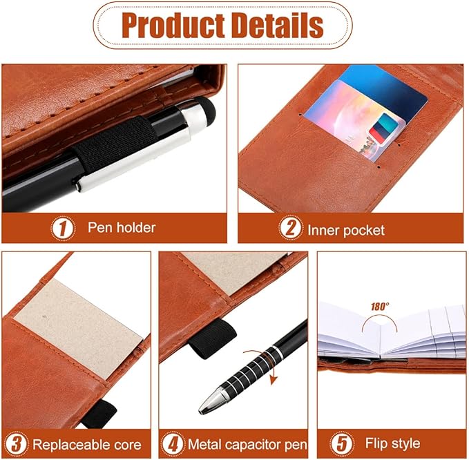 Teling 8 Pcs Mini Pocket Notepad Holder Set Leather Notepad Holder with Metal Pen Lined Sheet 6 Pcs 3 x 5 Inch Memo Book Refill for Office Restaurant School Supplies(Brown,Tree)