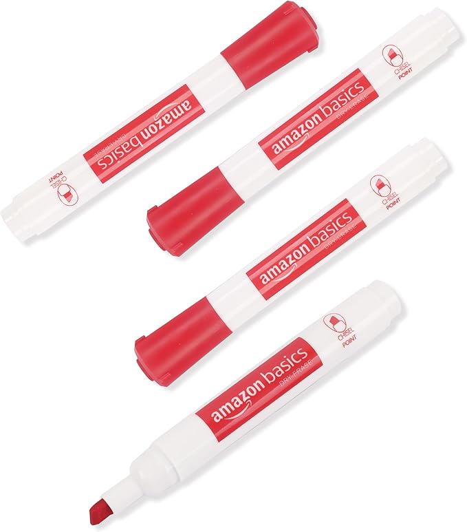 Amazon Basics Dry Erase Whiteboard Markers, Chisel Tip, Low-Odor, Red, 24-Pack, For Writing on Whiteboards