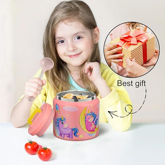 JXXM 13.5 Oz Thermo Food Jar for Hot & Cold Food for Kids, Insulated Lunch Containers Hot Food Jar,Leak-Proof Vacuum Stainless Steel Wide Mouth Lunch Soup Thermo for School (Rainbow Unicorn)