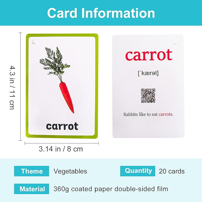 Lilias Vegetable Flash Cards, Toddler Learning Toys, Preschool Learning Toys, Homeschool Supplies, Learning Supplies for Kindergarten, 4.3 X 3.14 Inch, 20 Cards in Set