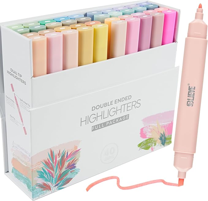 BLIEVE Aesthetic Cute Highlighters No Bleed Through, Dual Tip Chisel & Fine Point, Pastel Colors For Bible & Journaling