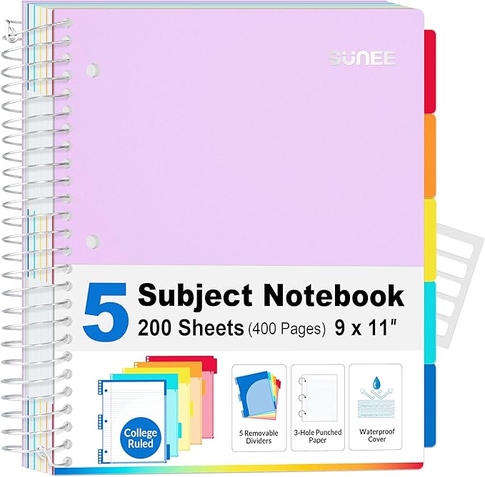 SUNEE 5 Subject Notebook College Ruled - 400 Pages, 9"x11", 5 Pocket Colored Dividers, 3-Hole Punched Paper, Purple