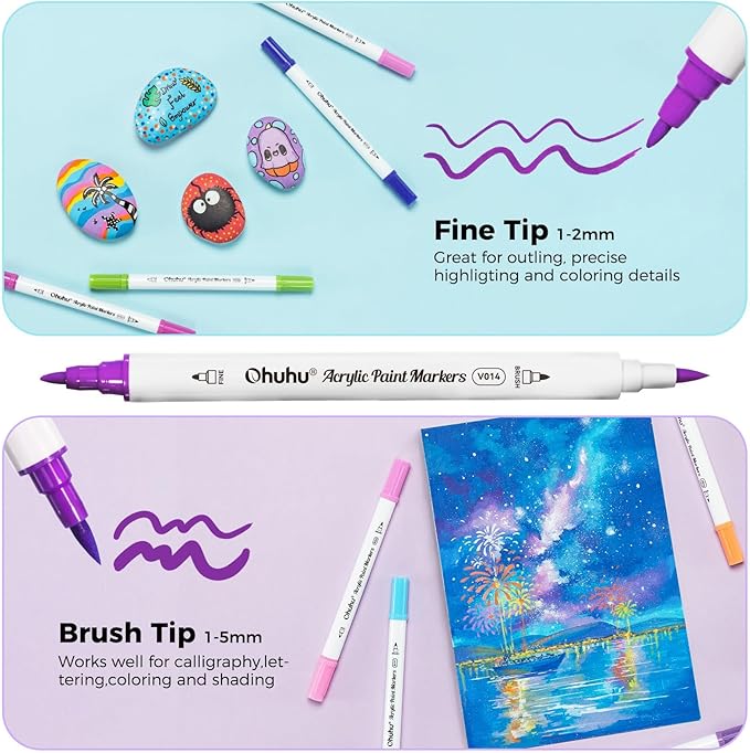 Ohuhu Acrylic Paint Markers Dual Tips: 72 Colors Brush & Fine Paint Pens High Opacity Acrylic Markers Waterproof Lightfast for Rock Painting 3D Prints Egg Wood Glass Ceramic DIY Crafts - Akaka