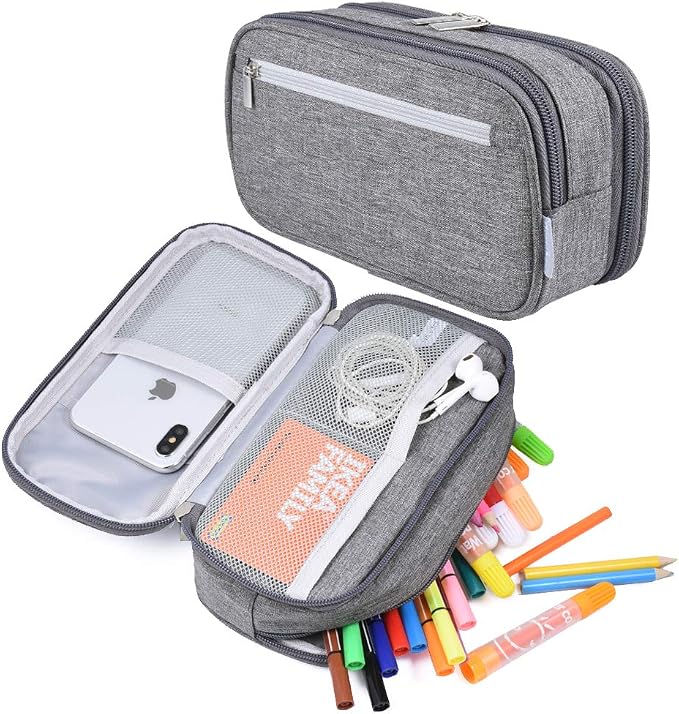 Large Capacity Pencil Case Big Pencil Bag Pouch High Storage Pen Pencil Holder Marker Portable Office Stationery Desk Organizer Makeup Bag Adults, Gray