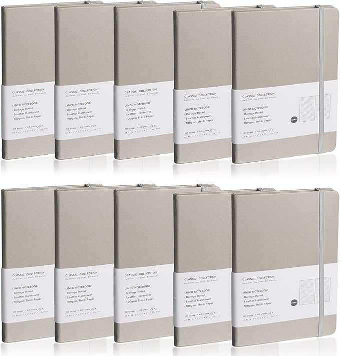 Lined Journal Notebook, 10Pack Hardcover Notebook for Men & Women – Journals for Writing, Work, School, Home & Daily Notes, 160 Pages – Medium A5, 5.7"x8", 100 gsm Thick Paper (Grey)