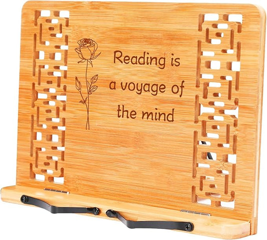 MEGREZ Book Stand for Reading (13.2 x 9.4 inch) Bamboo Cookbook Stand Holder for Kitchen, Adjustable Book Holder Stand for Tablet/Textbook Holder/Hollow Bookrest Stand,Reading is A Voyage of The Mind