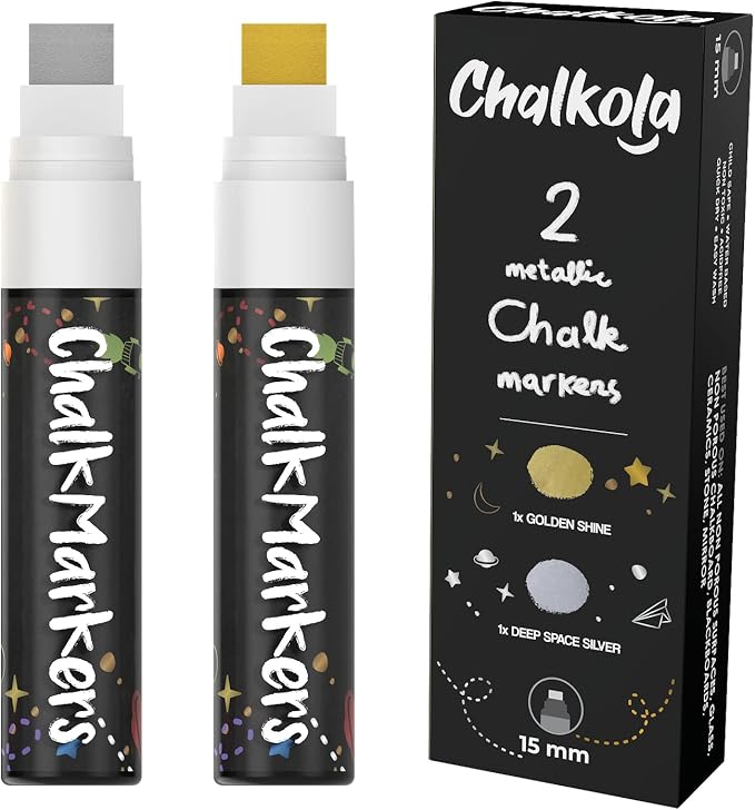 Metallic Chalk Markers (2 Pack) Liquid Chalk Pens for Blackboards, Chalkboard, Bistro Menu, Window Markers for Cars - Wet Wipe Erasable - 15mm Jumbo Nib