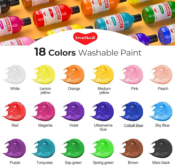 Smallbudi 18 Colors Large Washable Paint Set for Kid (8.45oz,250 ml), Bulk Paint Supplies Non Toxic Children Tempera Paint for Arts & Crafts, DIY, Finger Paint, School Teacher Classroom Must Have