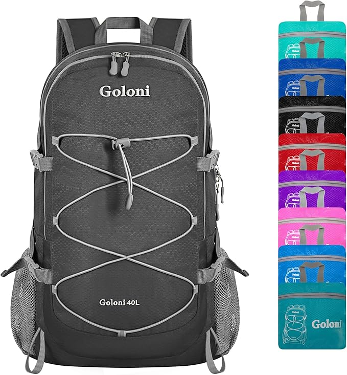 Goloni Ultra Lightweight Packable Backpack 40L - Foldable Hiking Backpack Water Resistant Small Foldable Daypack for Travel,Dark Grey