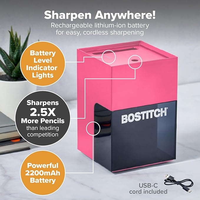 Bostitch Konnect Rechargeable Pencil Sharpener (USB-C), Auto-Stop Helical Cutter, Portable Electric Sharpener for No.2/Colored Pencils, Home, Office, Classroom, Pink