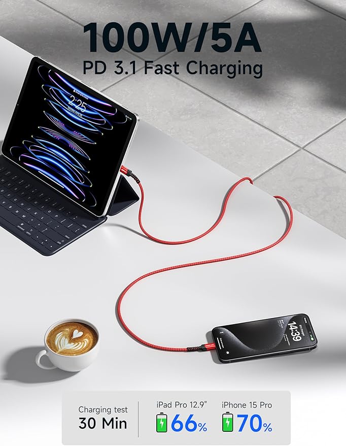 JSAUX 100W USB C to USB C Cable for iPhone 17, USBC Type C Charge Cord 5A Fast Charging Compatible with iPhone 17 Air 16 15 Pro Max Samsung Galaxy S25 S24 MacBook iPad Pro Carplay (2-Pack, 3.3ft) Red