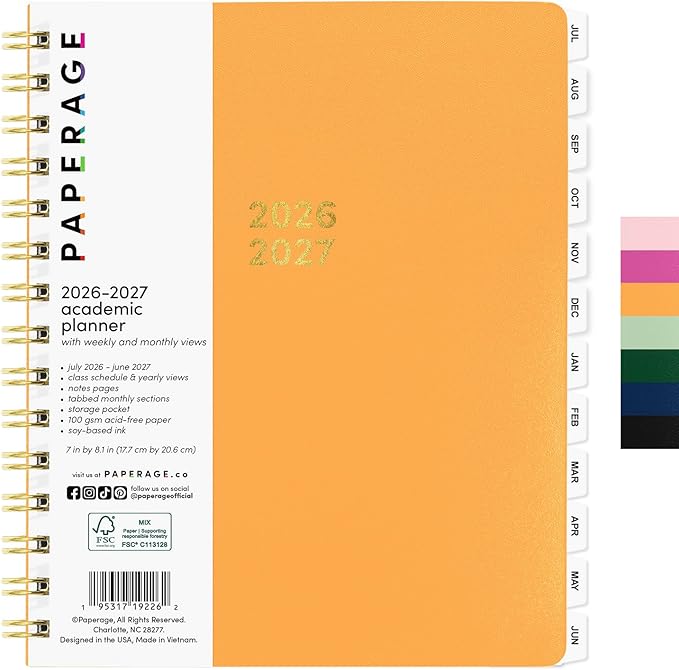 PAPERAGE Academic Planner, Weekly & Monthly Planner & Calendar, 12-Months, July 2026 - June 2027, (7" x 8"), School & Student Planning Agenda with Tabs, Bonus Pages & Inner Pocket, Marigold