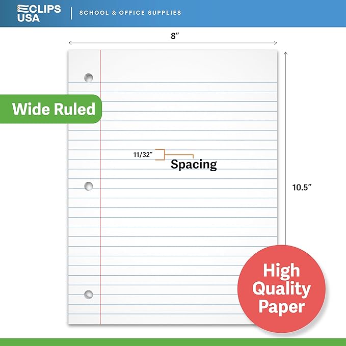 Wide Ruled Loose Leaf Paper Wide Ruled Notebook Paper Lined Writing Filler Paper 10.5” x 8” 56 gsm 4800 Sheets 200 Sheet Per Pack (24 Pack)