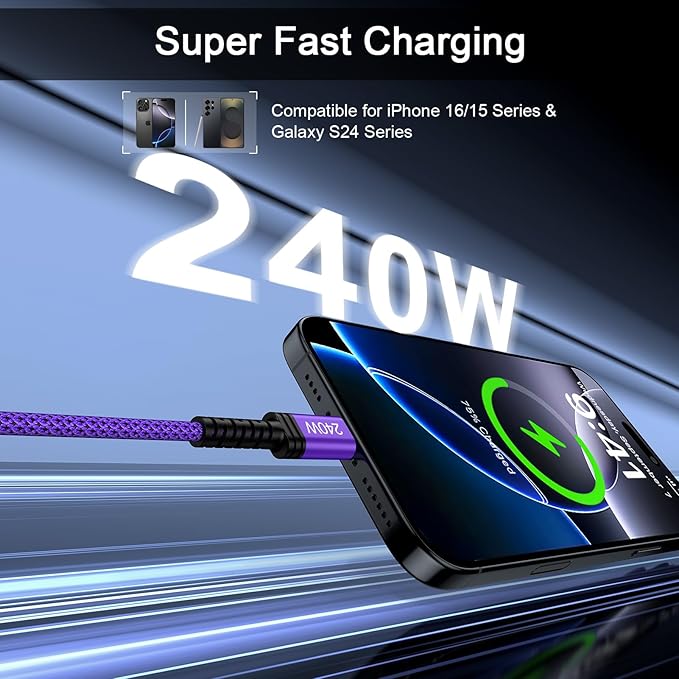 240W USB C to USB C Cable Fast Charging for iPhone 17 Air 17 Pro Max 16 Plus 16 Pro Max 15,10FT Long Type C to Type C Charging Cable for Google Pixel 10 10 9 8 7,Samsung Galaxy S25 S26/S26 Ultra/S26+