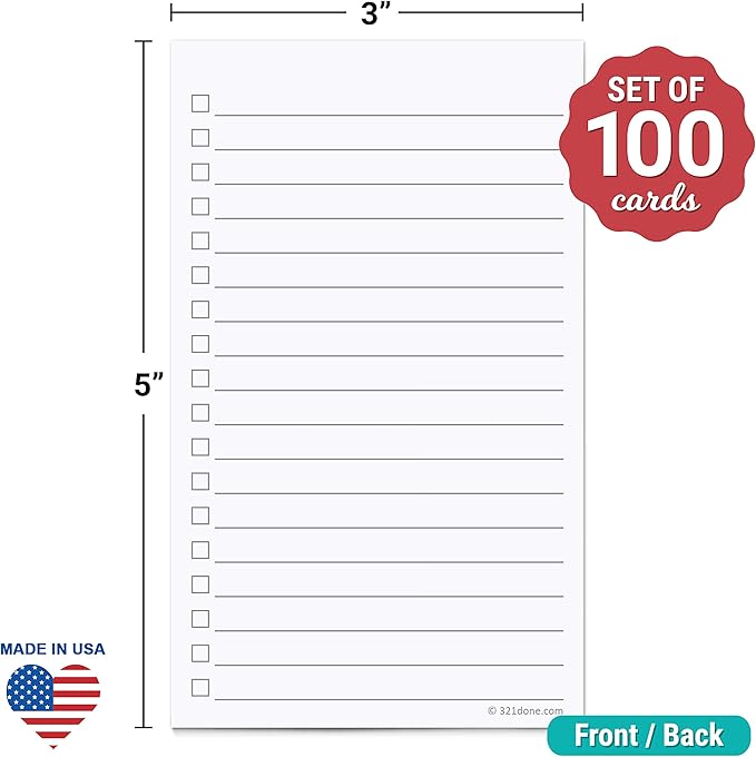 321Done To-Do Check List Cards, 3x5 Index Cards with Checkboxes, Double-Sided Checklist Note Card, Pack of 100, Daily Task List, Narrow-Ruled, Made in USA