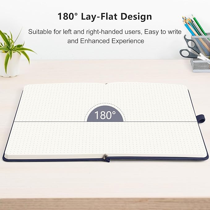 RETTACY Dotted Journal Notebook, 320 Numbered Pages, A5 Medium Size (5.7'' × 8.3''), Leather Hardcover, 100 GSM Thick Paper, for Journaling, Planning, Tracking (Navy Blue)