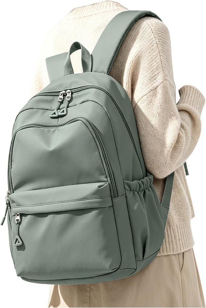 BJLFS Green Cute School Backpack with Laptop Compartment Small Travel Laptop Backpack for Women Men Waterproof College Backpack Simple School Bag for Teens Girls Boys