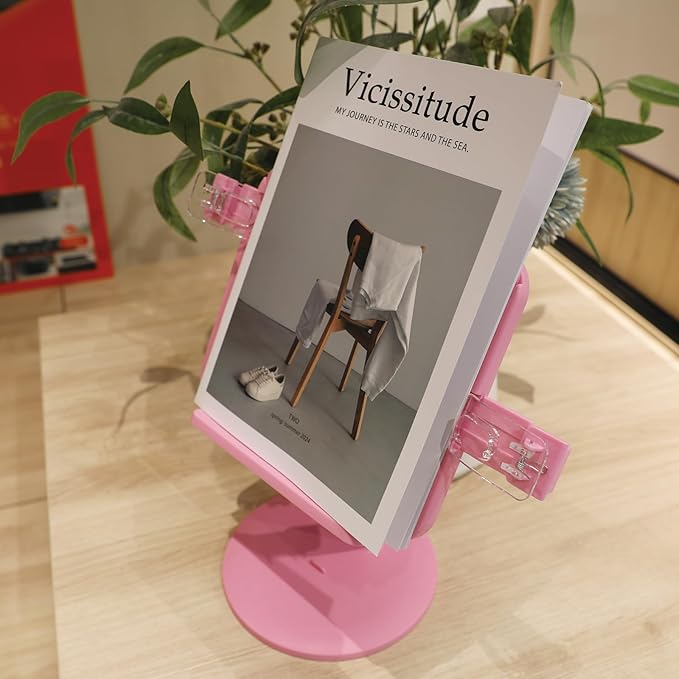 Kids Book Stand, Adjustable Reading Holder, Thick Base, Foldable Reading Stand with Elastic Page Clips, for 8.5"×11" or Smaller, Gift for Children, Pink