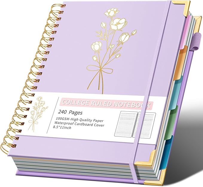 Hardcover Spiral Notebooks 8.5" X 11" Note Taking 5 Subject Notebook College Ruled with Dividers 240 Pages 100GSM Aesthetic Spiral Notebook for Work School Cute Journals for Women Writing