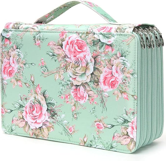 Vomgomfom 252 Slots Pencil Bag, 5-Layer Zipper Art Supply Organizer, PU Leather Portable Colored Pencil Case with Handle for 252 Watercolor Pens, Gel Pens (Green Rose)