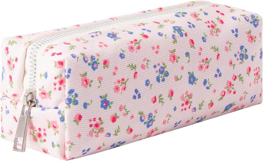 Corduroy Pencil Case for Girls Kids Large Capacity Aesthetic Pen Pouch Makeup Bag Cosmetic Organizer Cute Stationery Storage Bag for School Office Travel Minimalist Pencil Box (Floral-F)