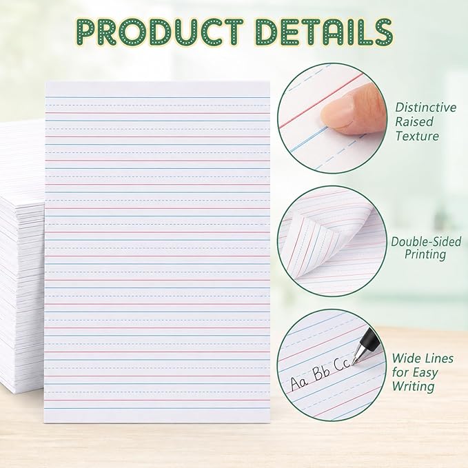 OBUSATT Kindergarten Practice Paper Raised Line Primary Writing Paper with 0.5inch Spacing Multi-Sensory Wide Line Kindergarten Handwriting Tablet for Kids Teachers, 8.5 x 11 Inch（60 Sheets）