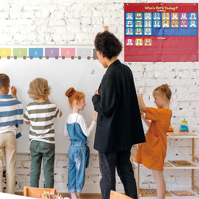 Attendance Pocket Chart for Preschool Classroom Wall Organization, Who is Here Today Pocket Charts for Teachers Clearance, Kindergarten Kids Daycare Teaching Supplies, 72 Cards and 3 Hooks Included