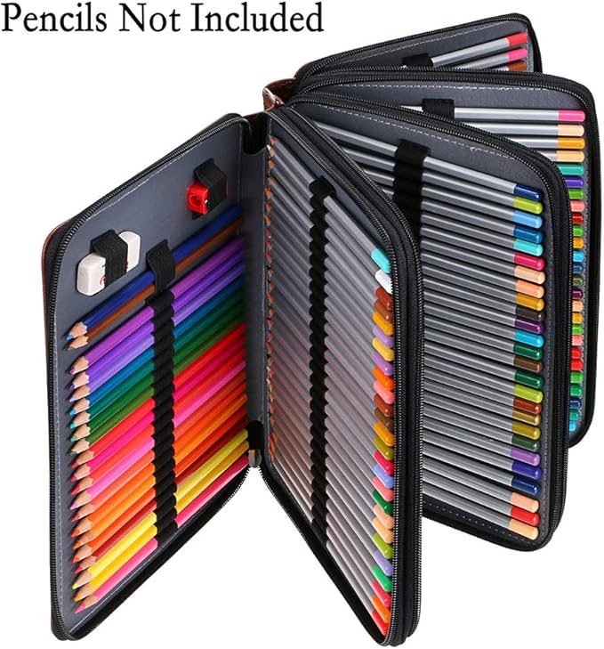 BTSKY 200 Slots Colored Pencil Organizer - Deluxe PU Leather Pencil Case Holder With Removal Handle Strap Pencil Box Large for Colored Pencils Watercolor Pencils Brown