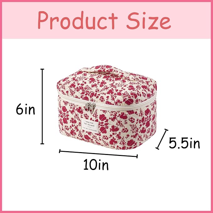 uekeboag Large Travel Quilted Makeup Bag for Women | Soft Floral Cotton Cosmetic Bag, Foldable Coquette Aesthetic Toiletry Organizer